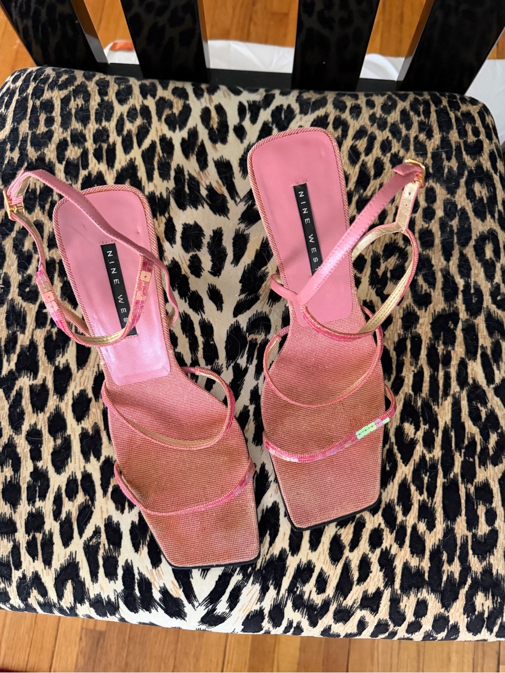Pink Glitter Sequin Nine West Strappy Heel Sandals Square Toe